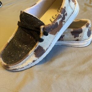 Cow Print Loafers with Black Glitter Detail